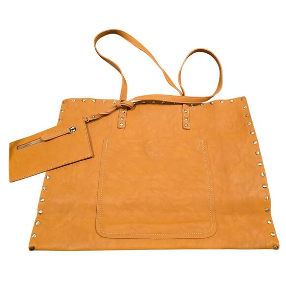 None and/or Unknown Handbags - Large Tan Faux Leather Tote Bag with Wristlet